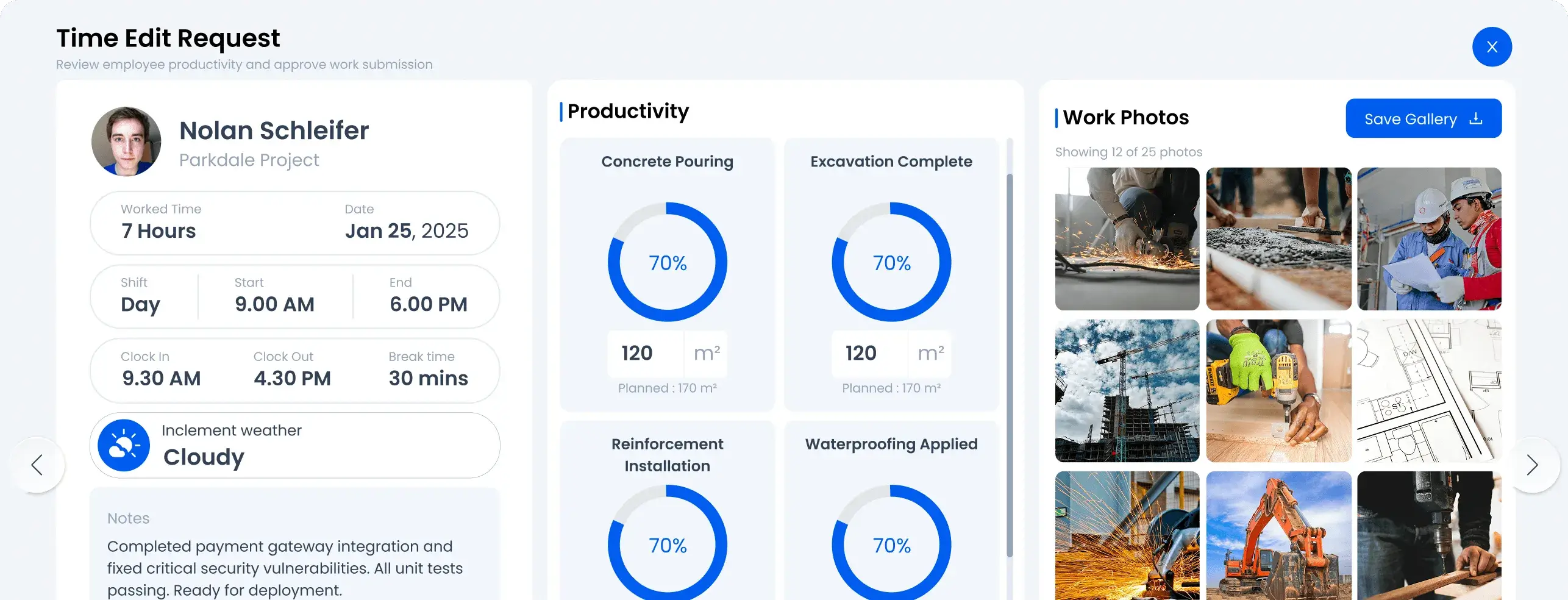 Construction project management software with digital timesheets and time tracking to capture job hours, approve timesheets, and streamline payroll