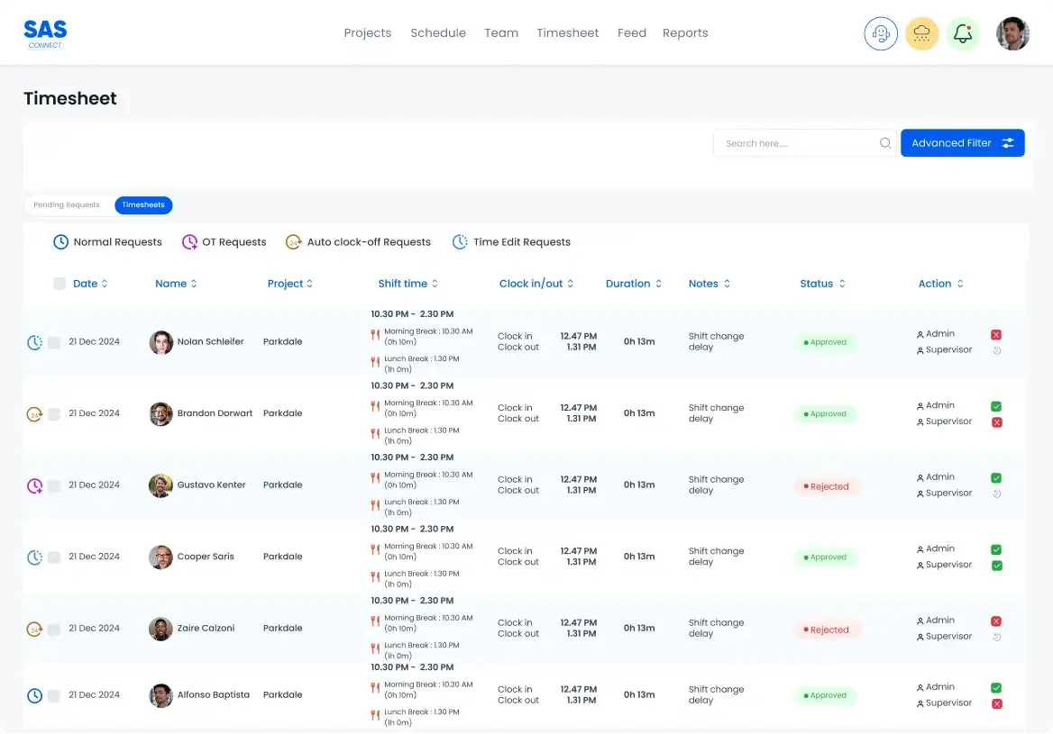 SAS Connect work timesheet feature for submitting employee hours, approving timesheets faster, and improving payroll and job costing accuracy